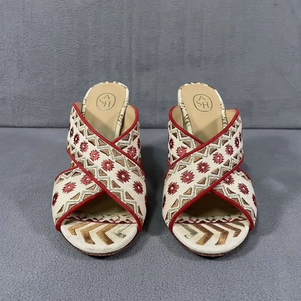 ASH Adel Heels Multicolor Womens EU 38 Block Heel Slide Sandals Embroidered Boho
